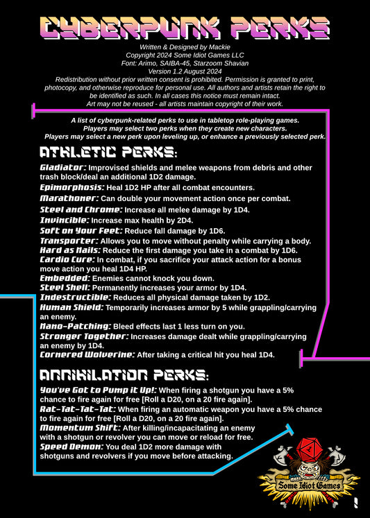 Cyberpunk Perks One-Pager Digital Download